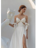Spaghetti Straps Beaded Ivory Satin Slit Fashion Wedding Dress